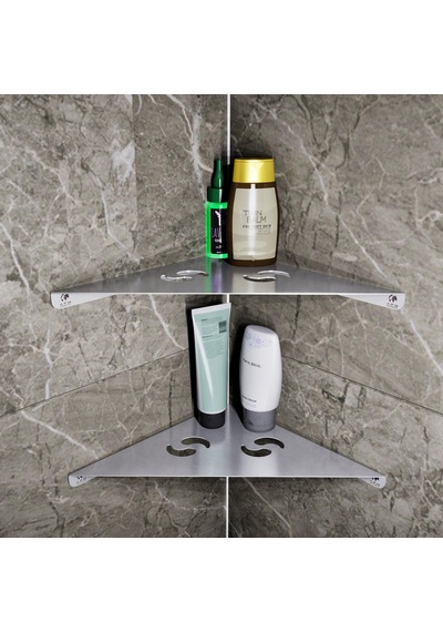 Paslanmaz Çelik 2 Katlı Köşe Banyo Rafı Defne Model 25,3x25,3 Cm - Yapıştırmalı & Vidalı Montaj Gri
