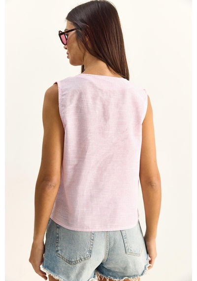 Shade Kadın %100 Pamuk Kalın Askılı Önden Bağlama Detaylı Çizgili Peplum Bluz 60282045 - Beyaz-pembe Çok Renkli