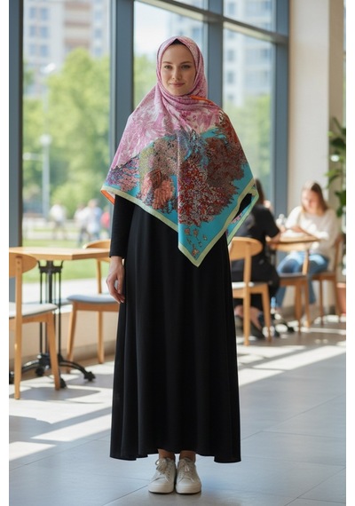 Deserto Fashion Saf İpek Twill Eşarp - Özel Tasarım Tok Duruşlu 90x90-1693 Çok Renkli