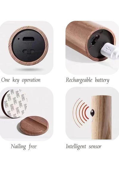 Modern Sensörlü Usb Şarjlı Mıknatıslı Taşınabilir Duvar Aplik Ahşap