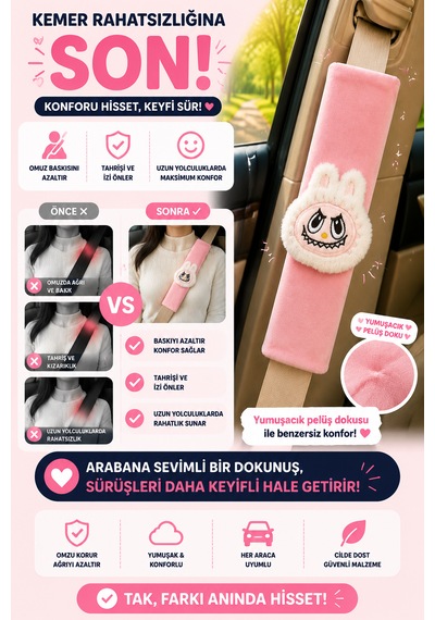 Bunny Pembe Emniyet Kemeri Aksesuarı - Emniyet Kemeri Kılıfı - Araç Emniyet Kemeri Omuz Koruyucu 1 Adet
