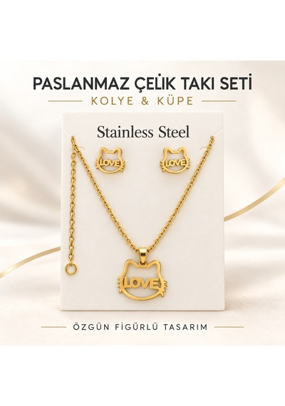 Paslanmaz Çelik Love Yazılı Kedi Figürlü Kolye Ve Küpe Seti Altın