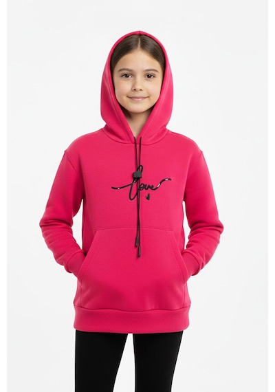Kapşonlu Love Baskılı Kanguru Cepli Kız Çocuk Sweatshirt-90857 Fuşya