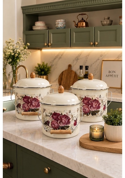 Pembe Gül Desenli Emaye Bakraç Yoğurt Bakliyat Kabı Seti 24-26-28 Cm 4057 Pembegül