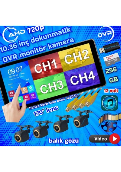 Dokunmatik 10.36'' Video Müzik Dvr Ekran 4 Adet Ahd 720p 170 Derece Kamera 12 V