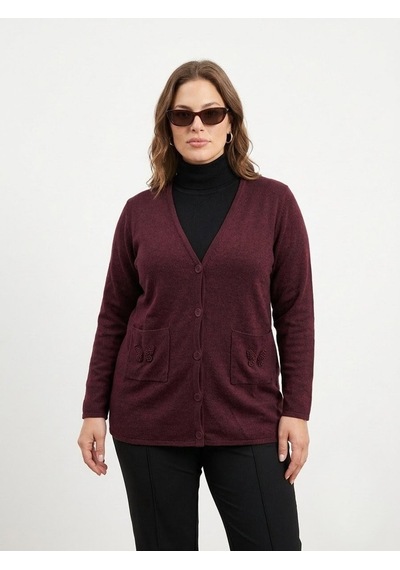 Onno Style Women Cebi Kelebek Taşlı Çelik Örgü Klasik Triko Ceket Bordo