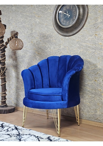 Zafir Tekli İstiridye Gold Kaplama Telli Ayak Çay Seti Koltuk Tekli Berjer , Balkon, Salon, Ofis Mavi