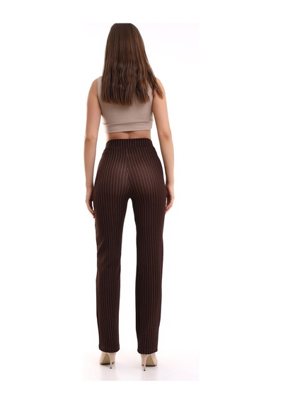 Winmoda34 Yüksek Bel Çimalı Palazzo Kumaş Pantolon Nevrulu Çizgili-kahve