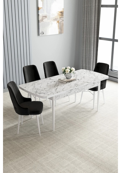 Zümra Serisi, Beyaz Mermer Desen 80x132 Açılabilir Mdf Mutfak Masası Takımı 4 Adet Sandalye Siyah Zümra Serisi, Beyaz Mermer Desen 80x132 Açılabilir Mdf Mutfak Masası Takımı 4 Adet Sandalye Siyah