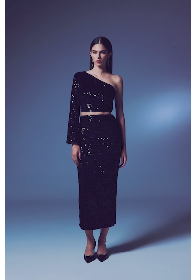 Sateen Kadife Payetli Midi Etek - Siyah-135602 Siyah