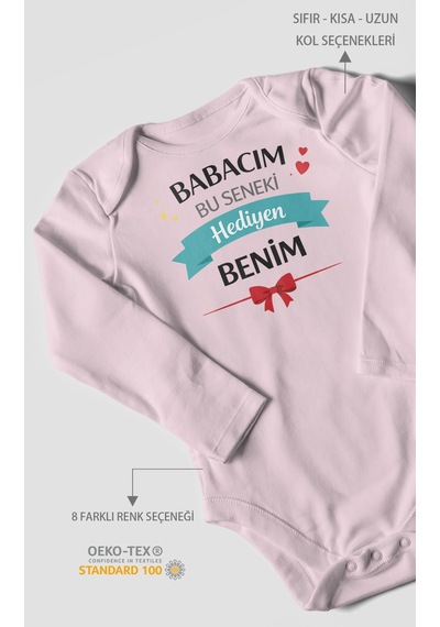 Morivokids Babacım Bu Seneki Hediyen Benim Uzun Kollu Bebek Body %100 Pamuk Bebe Pembe