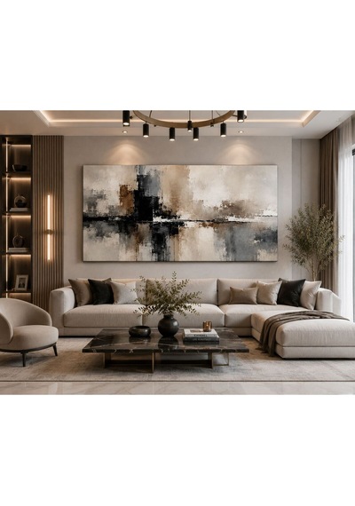 Modern Şehir Yansımaları Soyut Kanvas Tablo Bej Siyah Gri Tonlarda Premium Minimalist Duvar Dekoru Salon, Yatak Odası Ve Ofis İçin Şık Tasarım