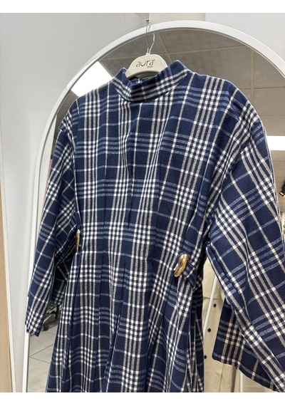 Nirva Butik Kadın Ekose Desenli Belden Oturtmalı Elbise Beyaz - Lacivert