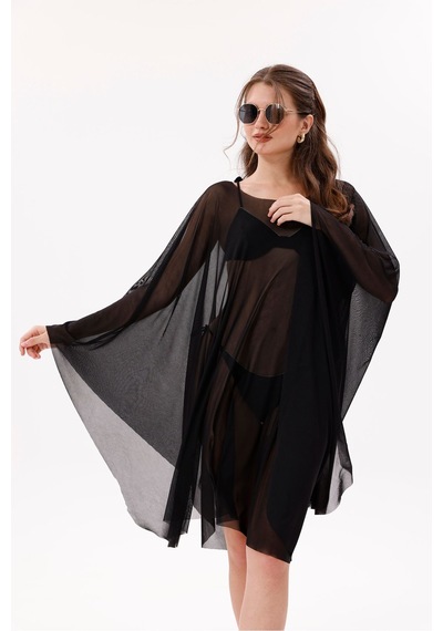 Tarzını Seç Kısa Kimono Pareo - Tesettür Pareo - Esnek Likralı Tül Siyah 180x135 Cm Çok Renkli