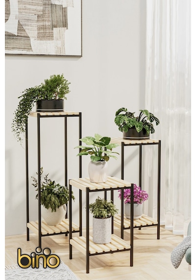 Bino Saksılık 3 Lü Set Ahşap Çiçeklik Dekoratif Lüks Bahçe Mobilyası Saksı Standı Bahçe Balkon Rafı