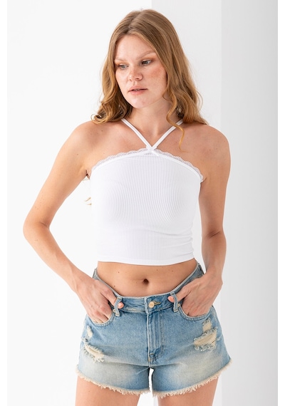 Giysa Kadın Çapraz Askılı Dantel Detaylı Crop Body Beyaz - Ms0000309 Beyaz