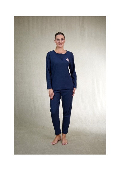 Estiva Kadın Nakış İşlemeli Patlı İnterlok Şardonlu Pijama Takımı Lacivert