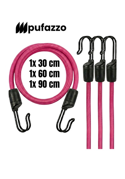 Pufazzo Kancalı Bagaj Lastiği 3 Adet - Bagaj Gergi Lastiği Pembe 30-60-90cm 3 Adet