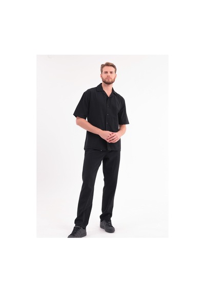 Erkek Siyah Keten Takım Oversize Gömlek & Pantolon 2'li Set Bağcıklı Rahat Yazlık Kombin