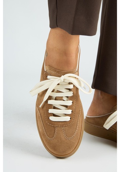 Manijero Krahe Barbella Kadın Hakiki Deri Bağcıklı Sabo Vizon Sneakers
