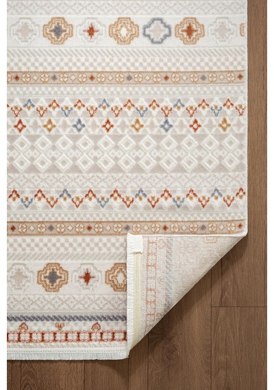 Icon Ic008r Krem Halı Renkli Kilim Desenli Akrilik Ve Pamuk Tabanlı 4 Mevsim Salon Halısı-753 Krem