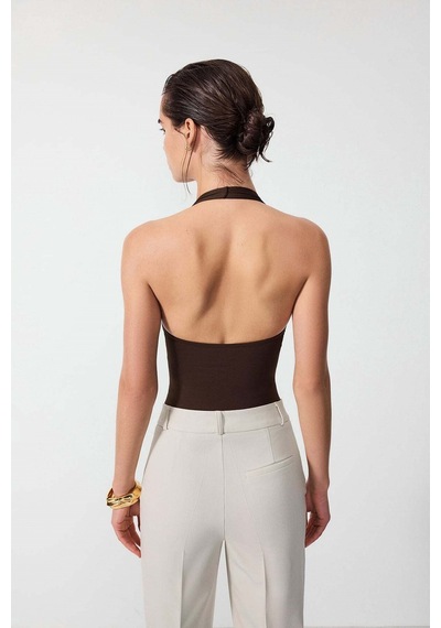 Vatkalı Derin V Yaka Bodysuit-16647 Kahverengi