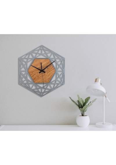 Ahşap Geometrik Desenli Altıgen Model Duvar Saati