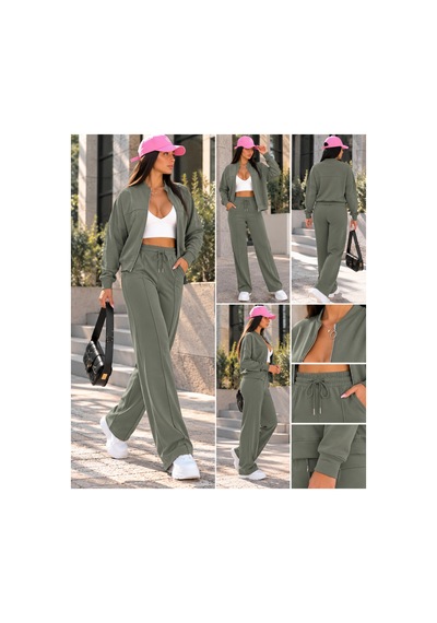 Gugus Kadın Fermuarlı Kolej Yaka Aysho Model Bol Paça Wide Leg Eşofman Takımı Haki