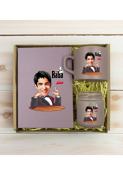 Bk Gift Kişiye Özel Dtf The Baba Karikatürlü Mat Gri Defter + Kahve Fincanı + Mum Seti 2