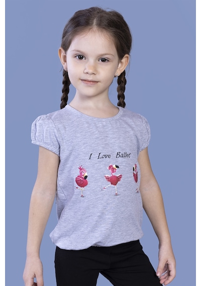 Toontoy Kids Toontoy Kız Çocuk Lastikli Büzgü Detaylı Baskılı Tişört Gri Melanj