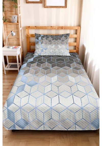 Geometrik Mavi Genç Odası Tek Kişilik Dekoratif Pike Takımı - Gri 160x220 Cm Kapitone Yatak Örtüsü Kırçıllı Yaprak Akışı