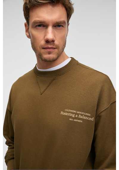 Grımelange CASPIAN Erkek %100 Pamuk Bisiklet Yaka Karyoka Dikişli Baskılı Haki Sweatshirt