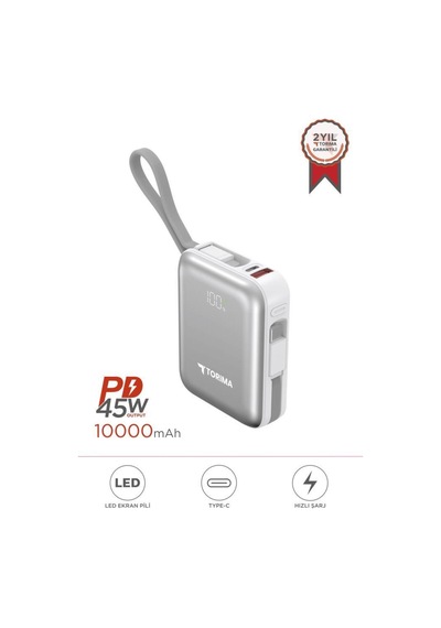 Powerbank 10000 Mah Type-c Lightning Hızlı Şarj Dijital Göstergeli 45w Trm-1018 Beyaz