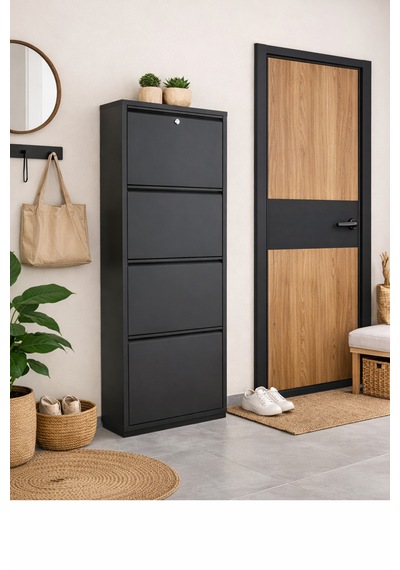 Avenza Living Kilitli 4 Kapaklı Metal Ayakkabılık - Beyaz Antrasit