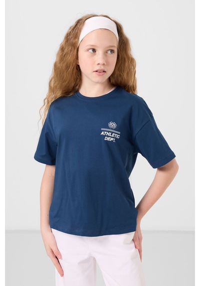 Parlament Pamuklu O Yaka Oversize Fit Baskılı Kız Çocuk T-shirt - 75178 Lacivert