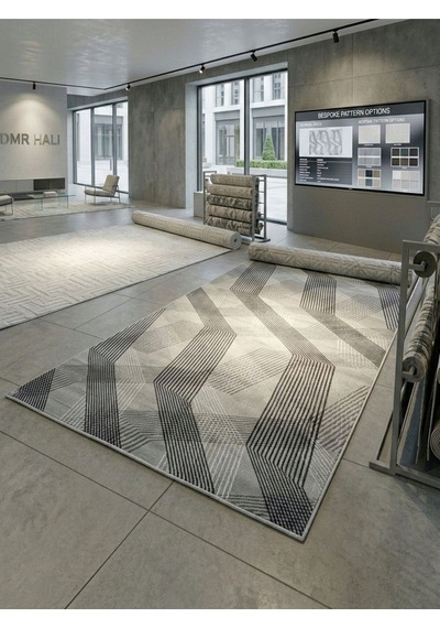 Carpet Çizgili Jel Kesme Halı Yolluk Gri