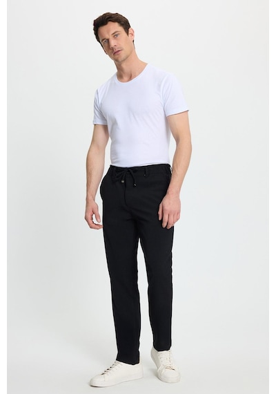 Tudors Erkek Slim Fit Dar Kesim Beli Lastikli Bağcık Detaylı Siyah Pantolon-41665 Siyah