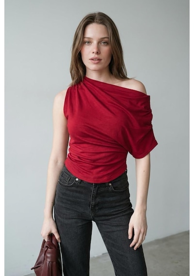 Bordo Tek Omuz Modern Kesim Şık Kadın Bluz Mg2669 bordo