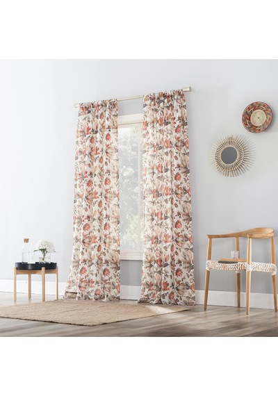 Myra Ezilmiş Şeffaf Vual Çubuk Cep Perde Paneli, 129,5 Cm X 213 Cm, Kırmızı