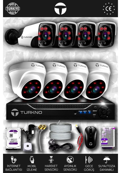 Turkno 8 Kameralı Pania 4 İç Kamera Set 320 GB HDD Full HD Gece Görüşlü Güvenlik Kamerası Sistemi