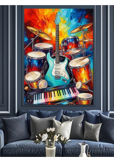 Ahşap Tablo Renkli Bateri Ve Gitar