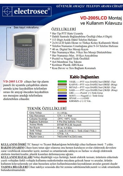Electrosec Vd-2005 Lcd Telefon Arama Modülü
