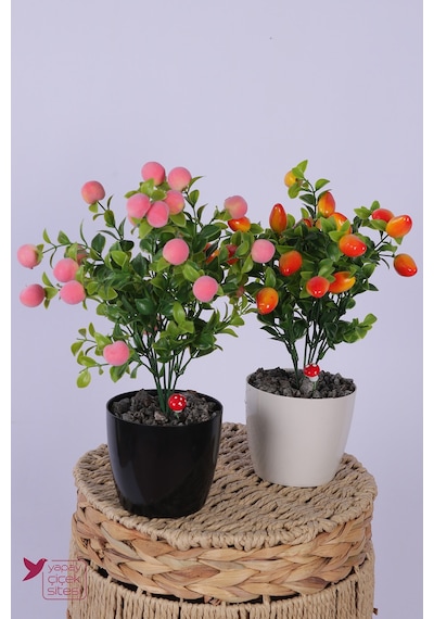 Yapay Çiçek Sitesi Plastik Saksıda Yapay Mini Şeftali & Biber Tanzimi 2 Li Set 33 Cm Çok Renkli