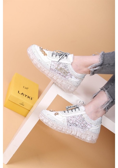 Astra Taşlı Desenli Şeffaf Taban Beyaz Renkli Kadın Sneaker-beyaz Beyaz