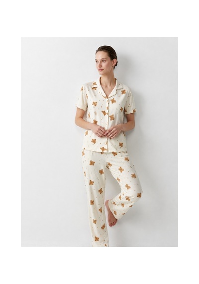 Regular V Yaka Günlük Kırık Beyaz Pijama Takımı