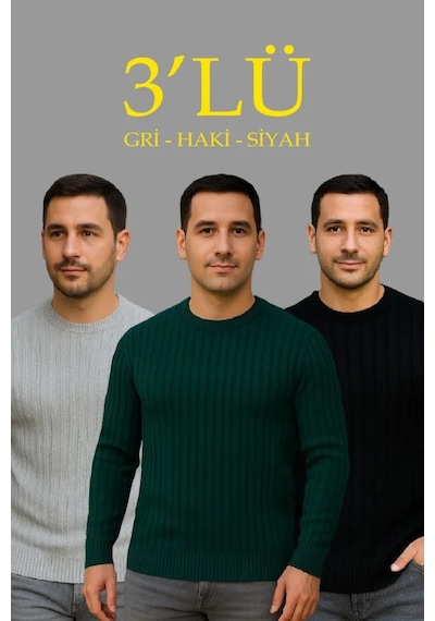 Erkek Fitilli Triko Kazak 3lü Set Gri Haki Siyah Regular Fit Bisiklet Yaka Triko Seti Modeli Kazak Siyah - Gri - Haki Erkek Fitilli Triko Kazak 3lü Set Gri Haki Siyah Regular Fit Bisiklet Yaka Triko Seti Modeli Kazak Siyah - Gri - Haki