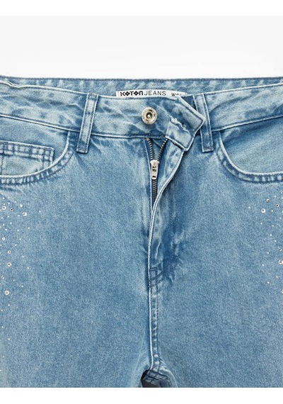 Koton Taş Detaylı Wide Leg İndigo Kadın Jean Pantolon 7wal40025md