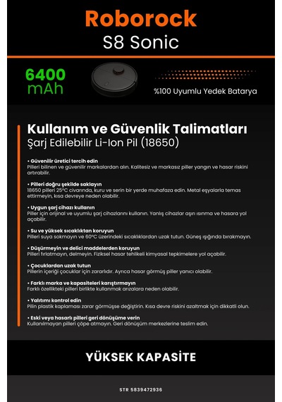 Roborock S8 Sonic 6400mAh Robot Süpürge Bataryası
