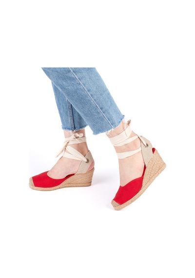 Gerçek Elişi Ipli Espadril Dolgu Topuk Keten Espadril Handmade Kırmızı