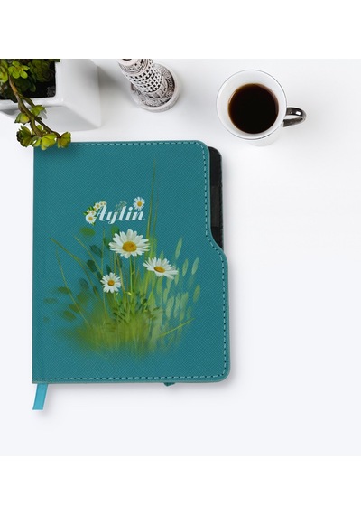 Kişiye Özel Papatya Temalı Turkuaz Termo Deri Defter-13